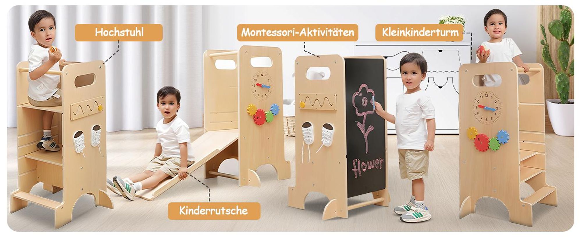 Olvy Lernturm ab 1 Jahr – 4-in-1 Montessori Learning Tower für Kinder, höhenverstellbar, mit Rutsche, Tafel & Spielen, Küchenhilfe Kind multifunktiona