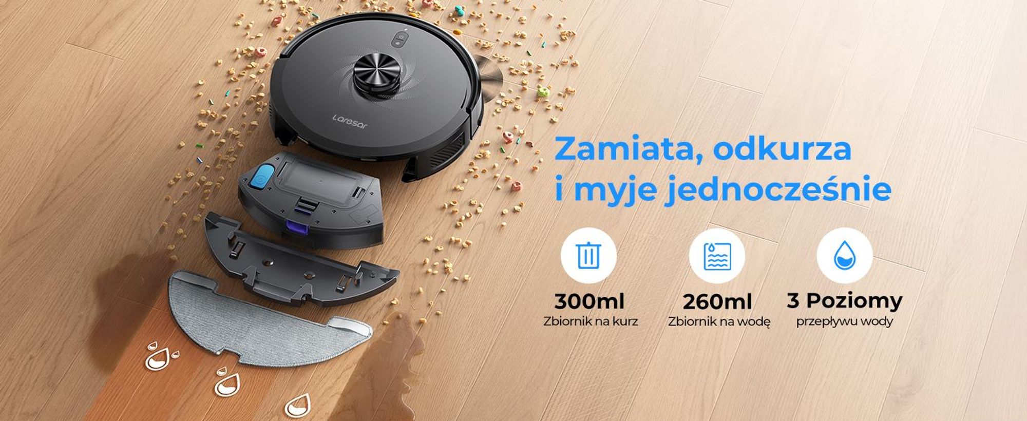 Robot odkurzający Laresar z nawigacją laserową, robot odkurzający o mocy 10 000 Pa, zamiatanie, odkurzanie i mycie – 4 w 1, model L30+