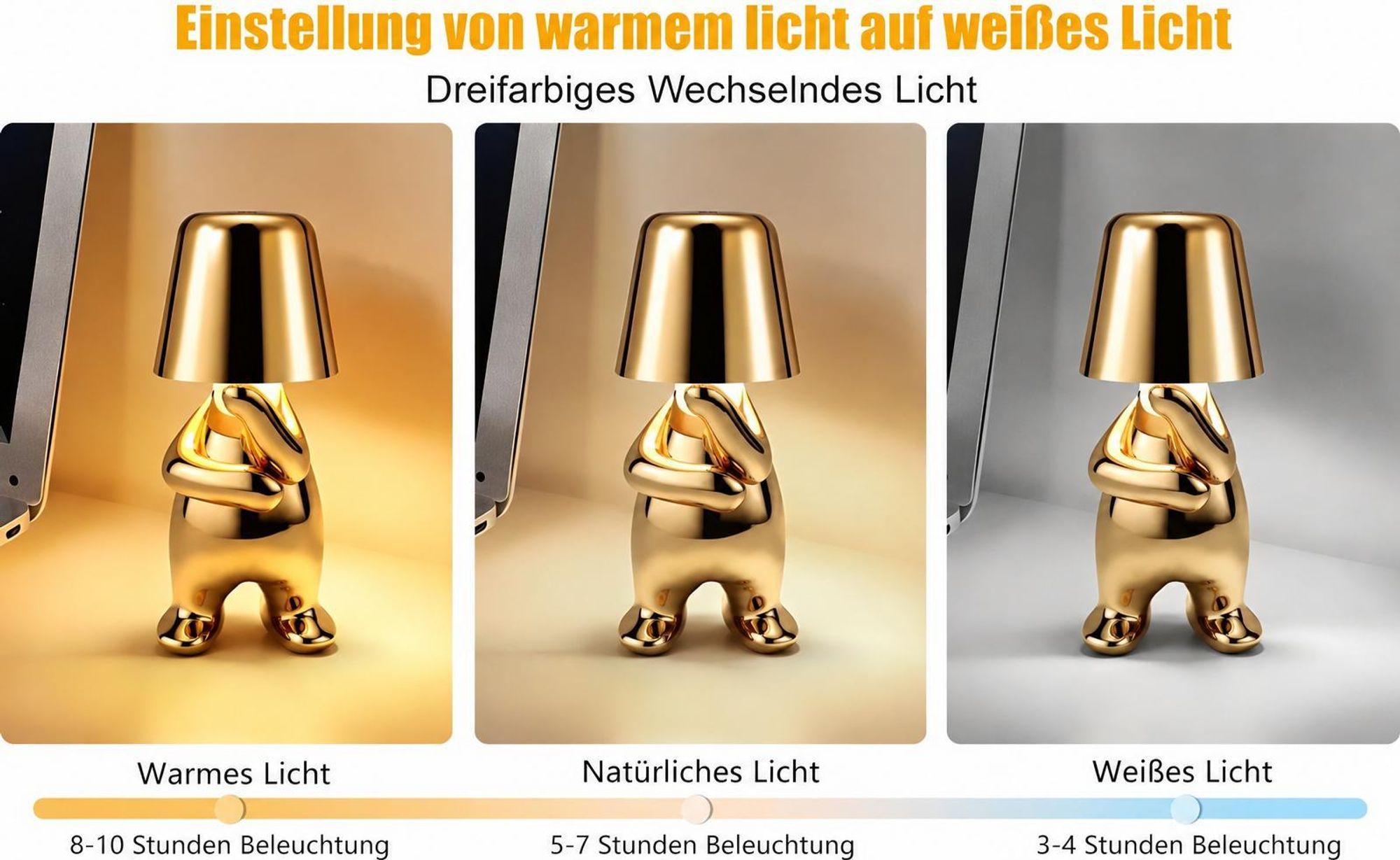 Thinker-Statue LED Nachttischlampe mit Touch-Steuerung,USB-Aufladung,3 Helligkeitsstufen,Kabellose Dimmbare Tischlampe,Dekorative Nachtlicht,(Gold C)