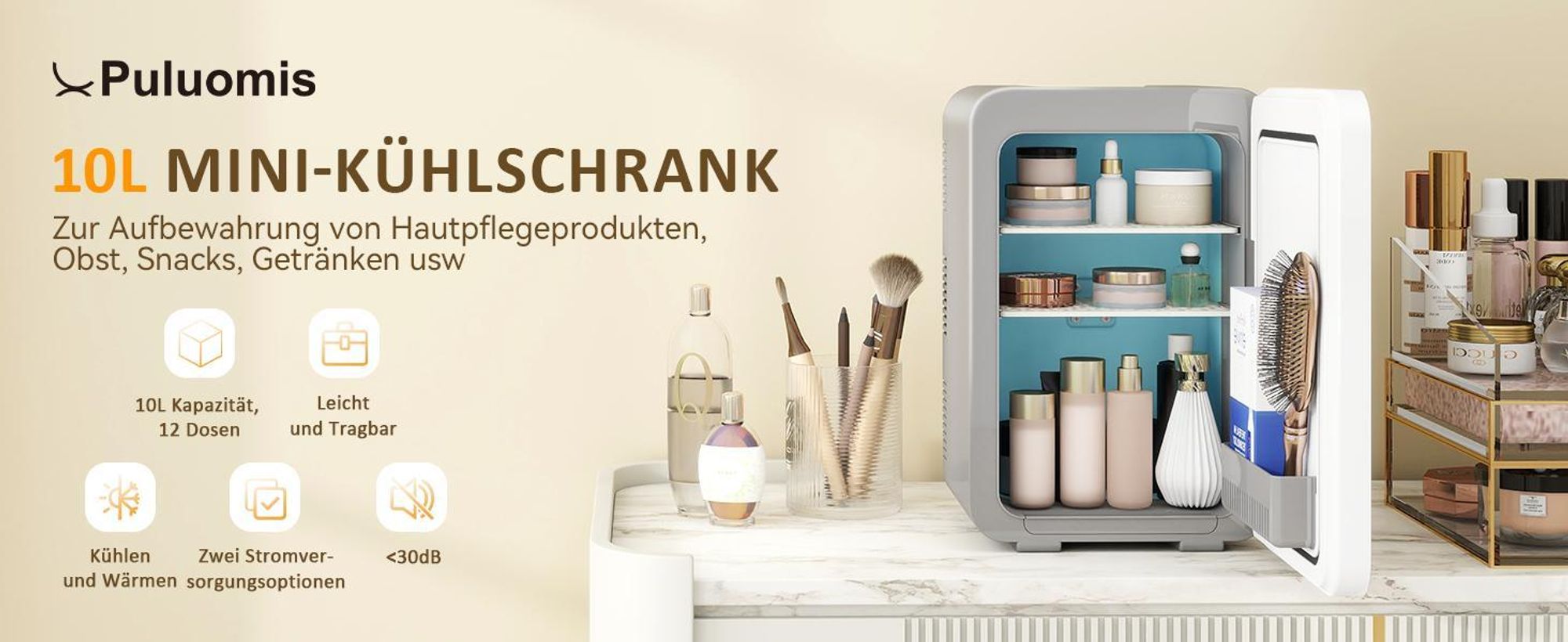 Puluomis Mini Kühlschrank 10L, 2 in 1 Warm- und Kühlbox tragbar Ultra-Leiser Auto Kühlbox (<30dB) 12V/220V /230V AC/DC für Getränkedosen, Snacks Grau