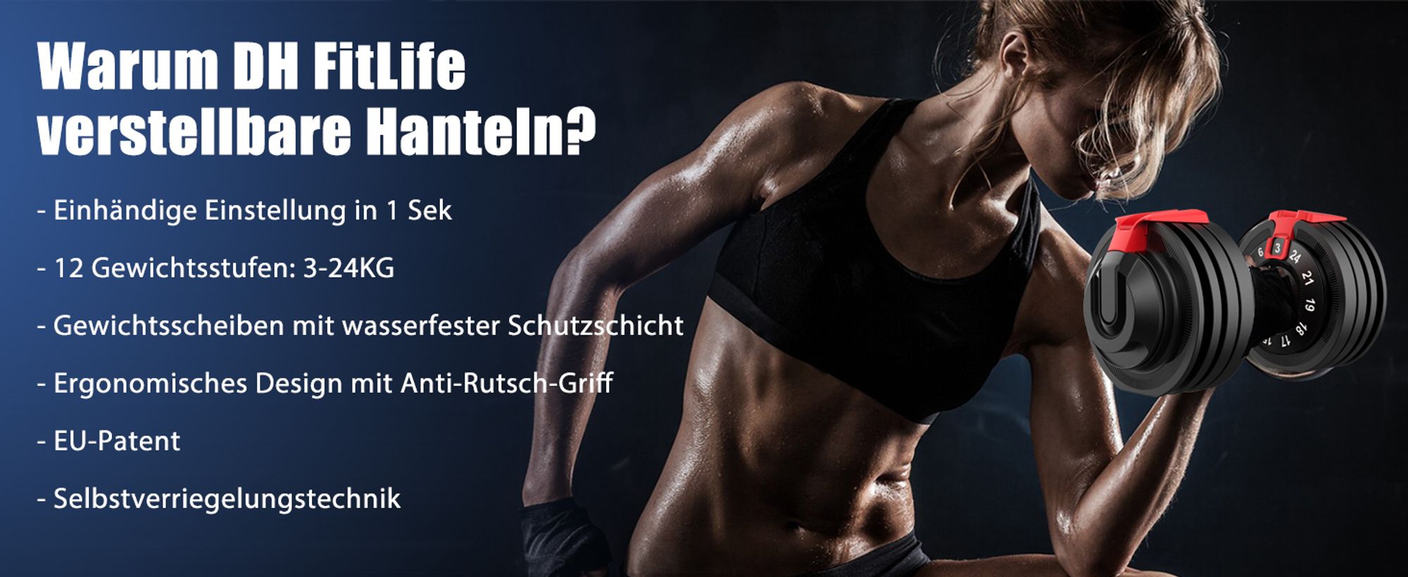 DH FitLife 24 kg verstellbare Hanteln 3-24 kg (12-in-1) mit Scheiben & schnellem Gewichtswechsel, verstellbare Kurzhanteln