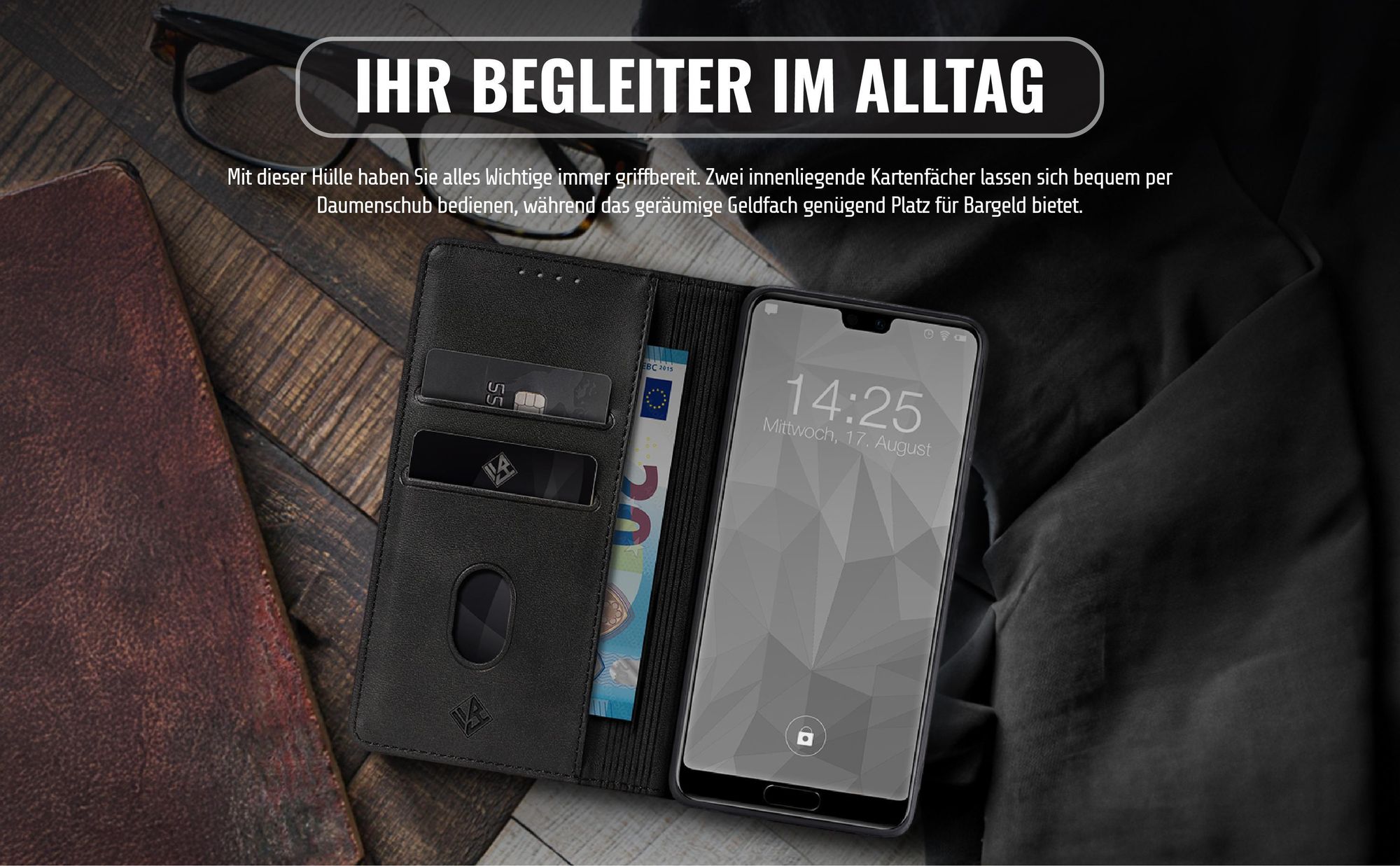 Edle Schutzhülle für Huawei P20 mit Kartenfächern und Geldfach