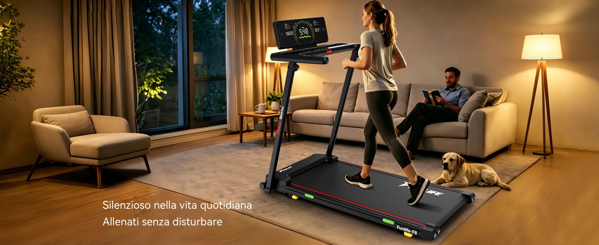 Tapis roulant pieghevole FunLife F8 con inclinazione del 5%, display integrato nel corrimano, piano di corsa extra largo, silenzioso e delicato sulle articolazioni, 12 programmi, 1–12 km/h