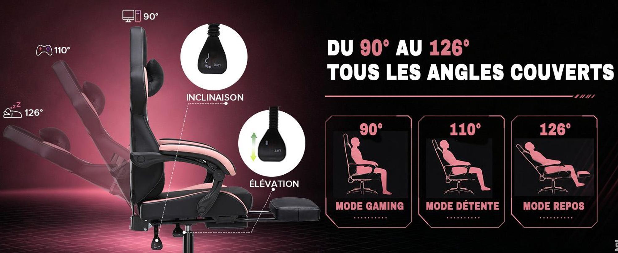 Chaise de gaming GTPLAYER, chaise de bureau, fauteuil de jeu avec repose-pieds, chaise de gamer ergonomique avec accoudoirs connectés, chaise de bureau réglable en hauteur