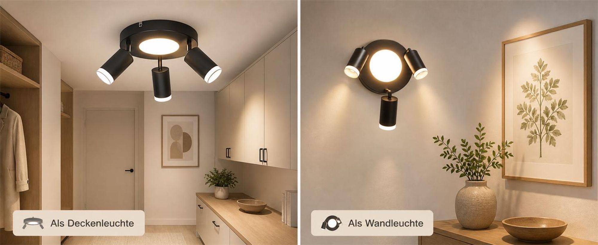 ZMH Deckenleuchte Led Deckenspot 3 Flammig GU10 - Schlafzimmerlampe 3000k Schwarz Küchenlampe 20W Deckenstrahler Schwenkbar Flurlampe Metall für Küche