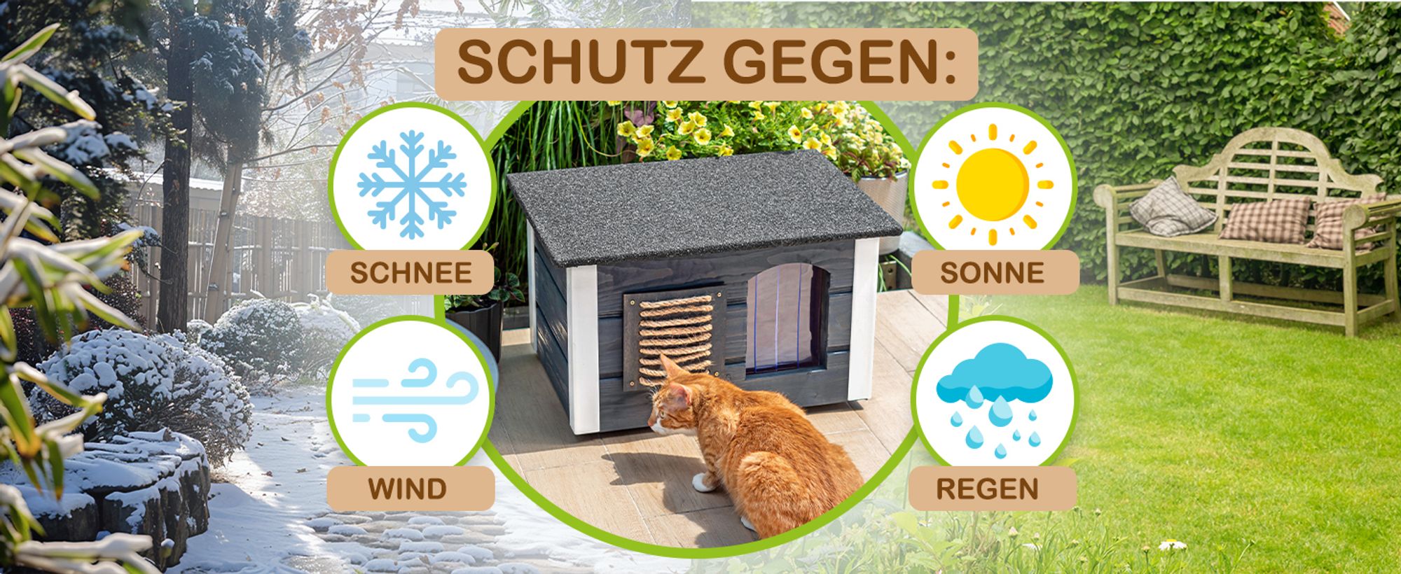 Isoliertes Katzenhaus für Draußen aus Holz – Wetterfest Katzenhütte mit Wärmedämmung, Wasserdichtem Dach & Thermovorhang – Einfache Montage - Teak