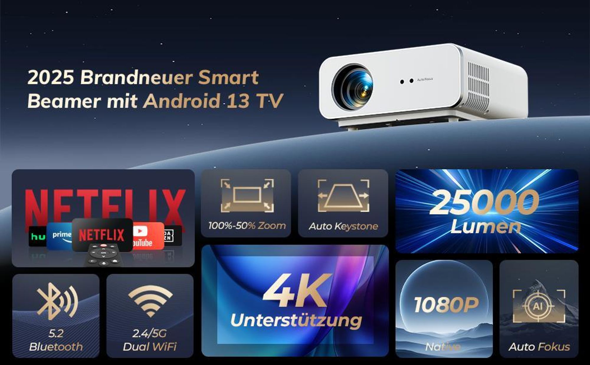 2026 Neuer Smart Beamer 4K Heimkino mit Offiziell Netflix (Autofokus) Beamer, Full HD 1080P, Auto Trapezkorrektur, Auto Hindernisvermeidung