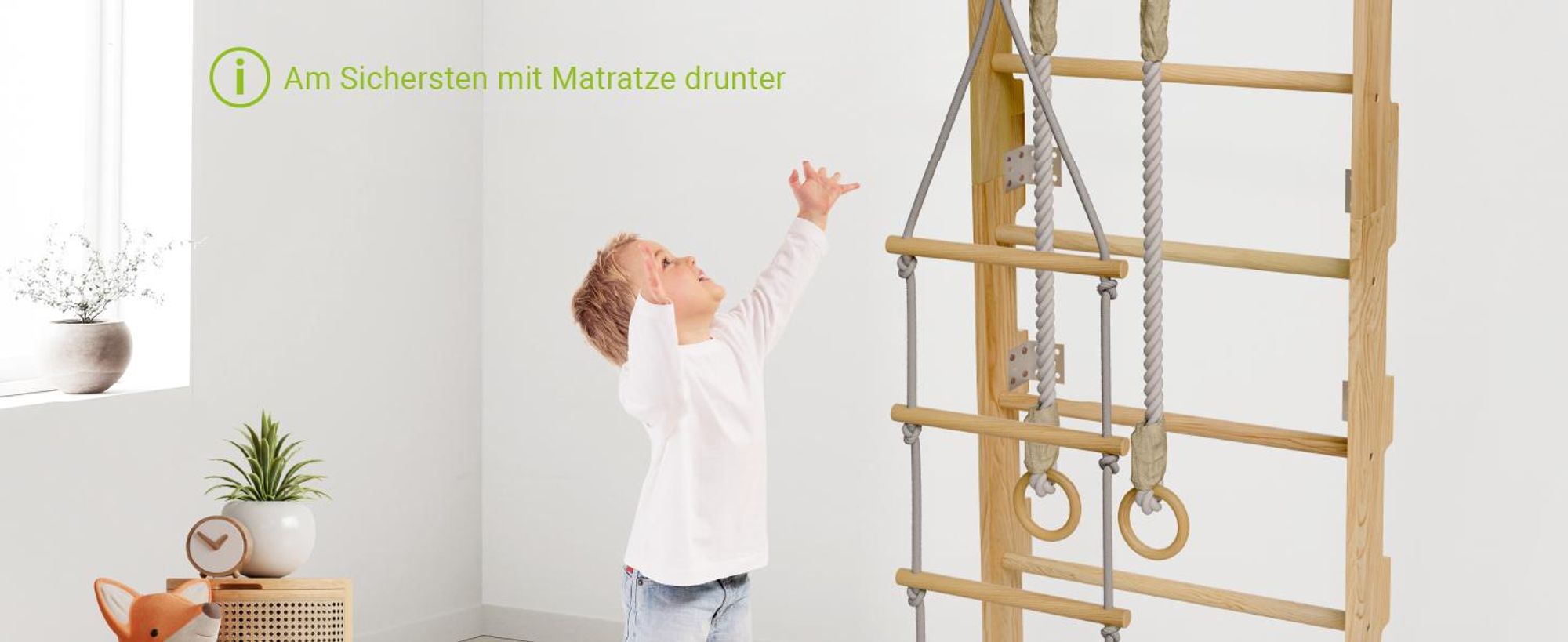 Juskys Sprossenwand für Kinder - Indoor Klettergerüst mit Turnringen und Strickleiter