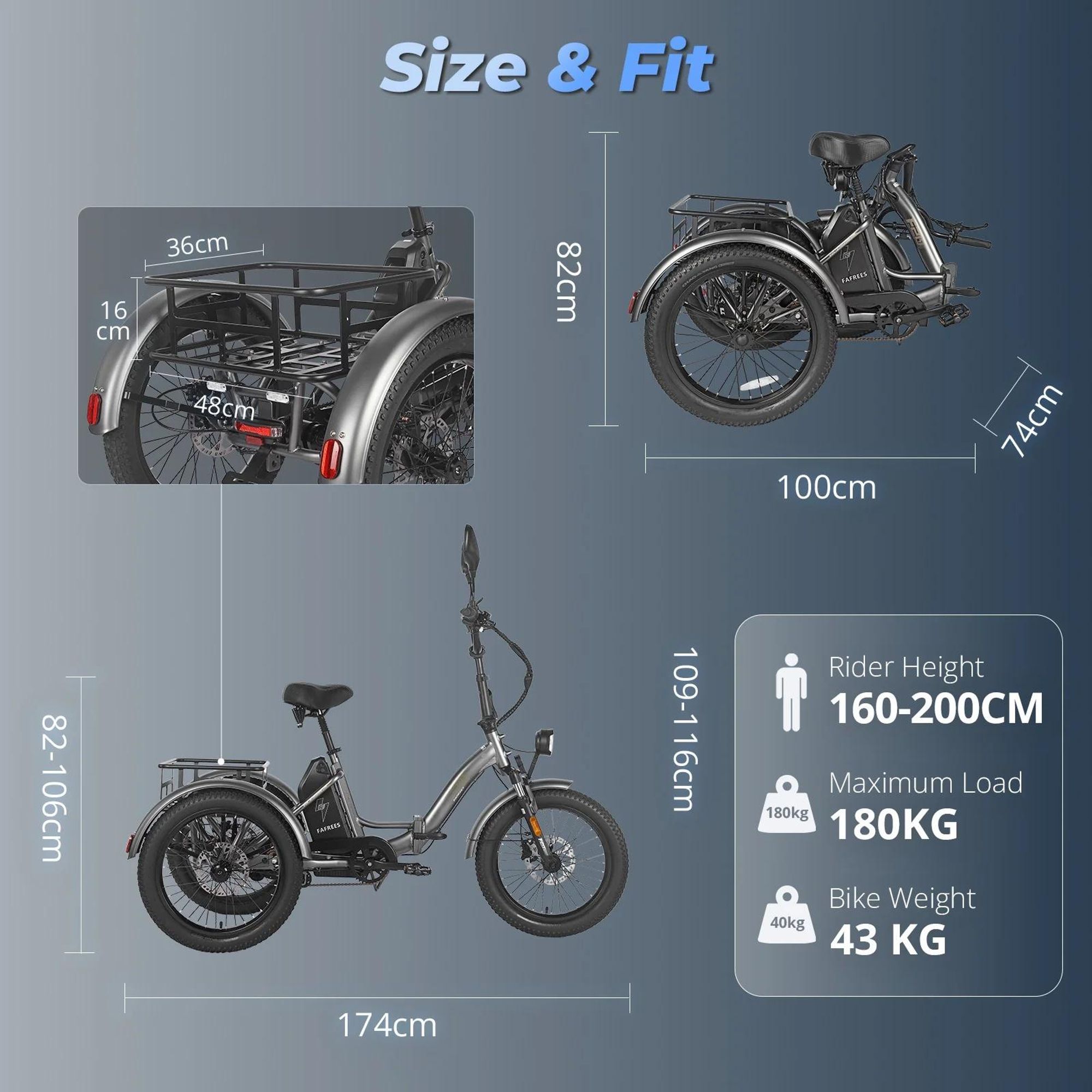 FAFREES F20 Elektrická Tříkolka - Baterie 48V21AH 20 Palcové Pneumatiky Hydraulickými Kotoučovými Brzdami - Šedomodrá