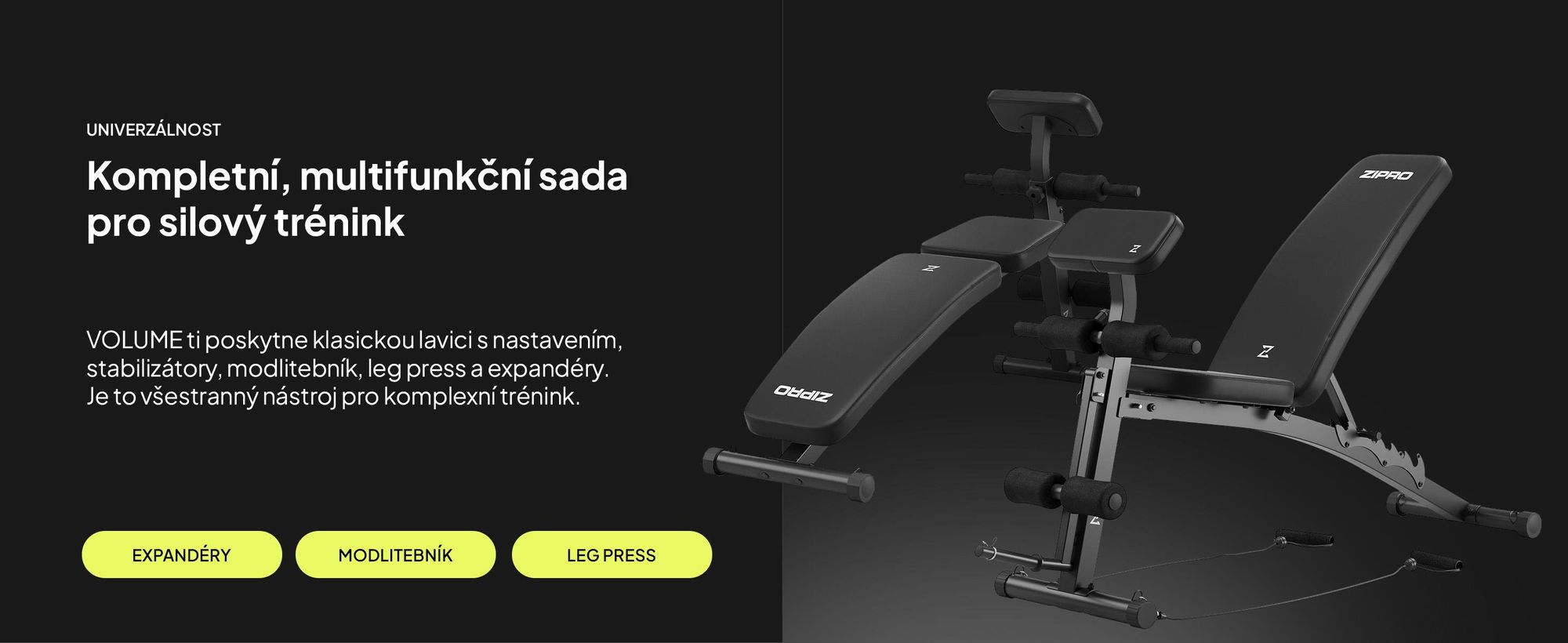 Multifunkčná tréningová lavica Zipro Volume s posilňovačom nôh a bicepsových zhybov na tréning celého tela, nastaviteľná lavica, čierna, nosnosť 230 kg