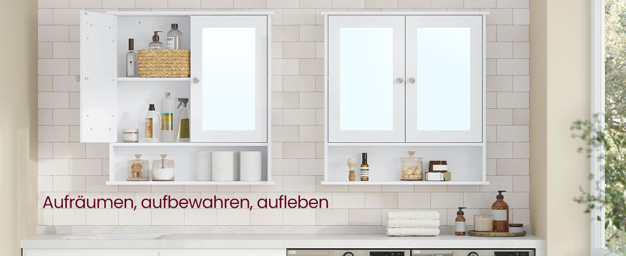 VASAGLE Spiegelschrank, Badschrank, 2 Spiegeltüren, offenes Fach, Weiß