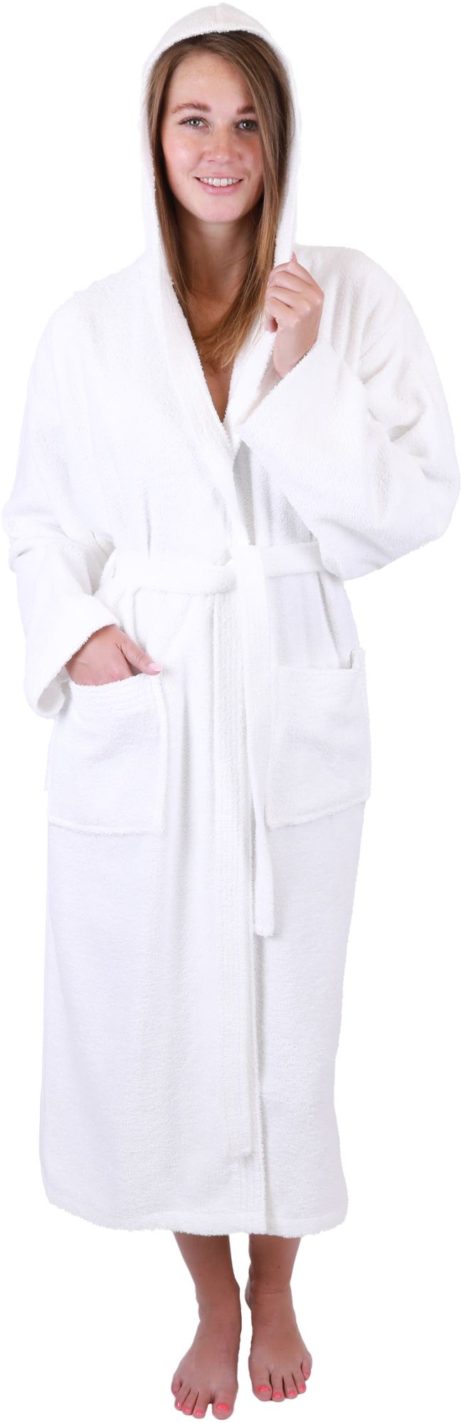 Betz Bademantel mit Kapuze FULDA Größe L/XL Farbe weiß Baumwolle für Herren und Damen Saunabademantel langer Bademantel Saunamantel