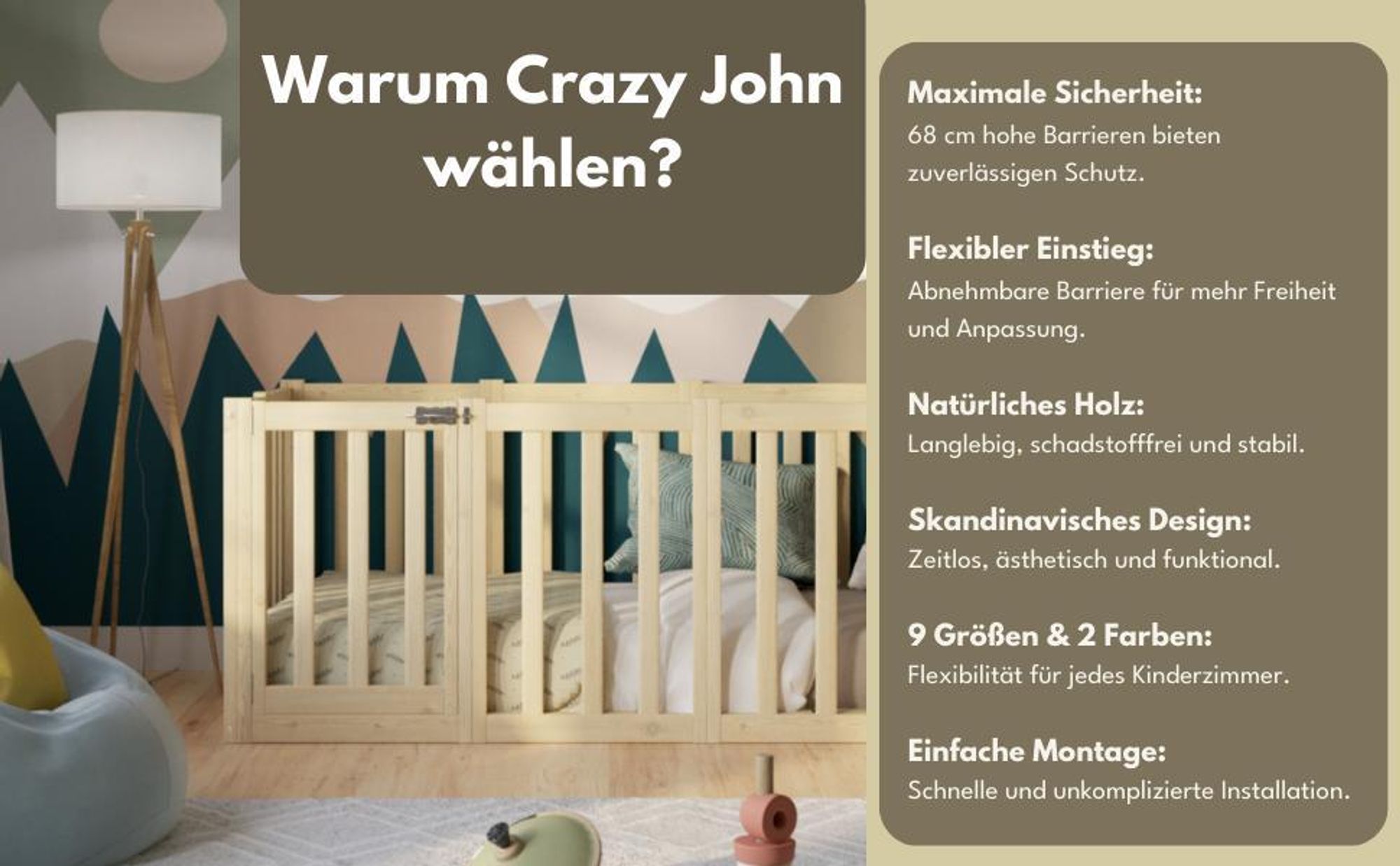 Crazy Pine Kinderbett 140x200 cm – Natürlichem Holz - Montessori Bodenbett mit Hohem Rausfallschutz 73cm und Öffnbarer Barriere - Crazy John