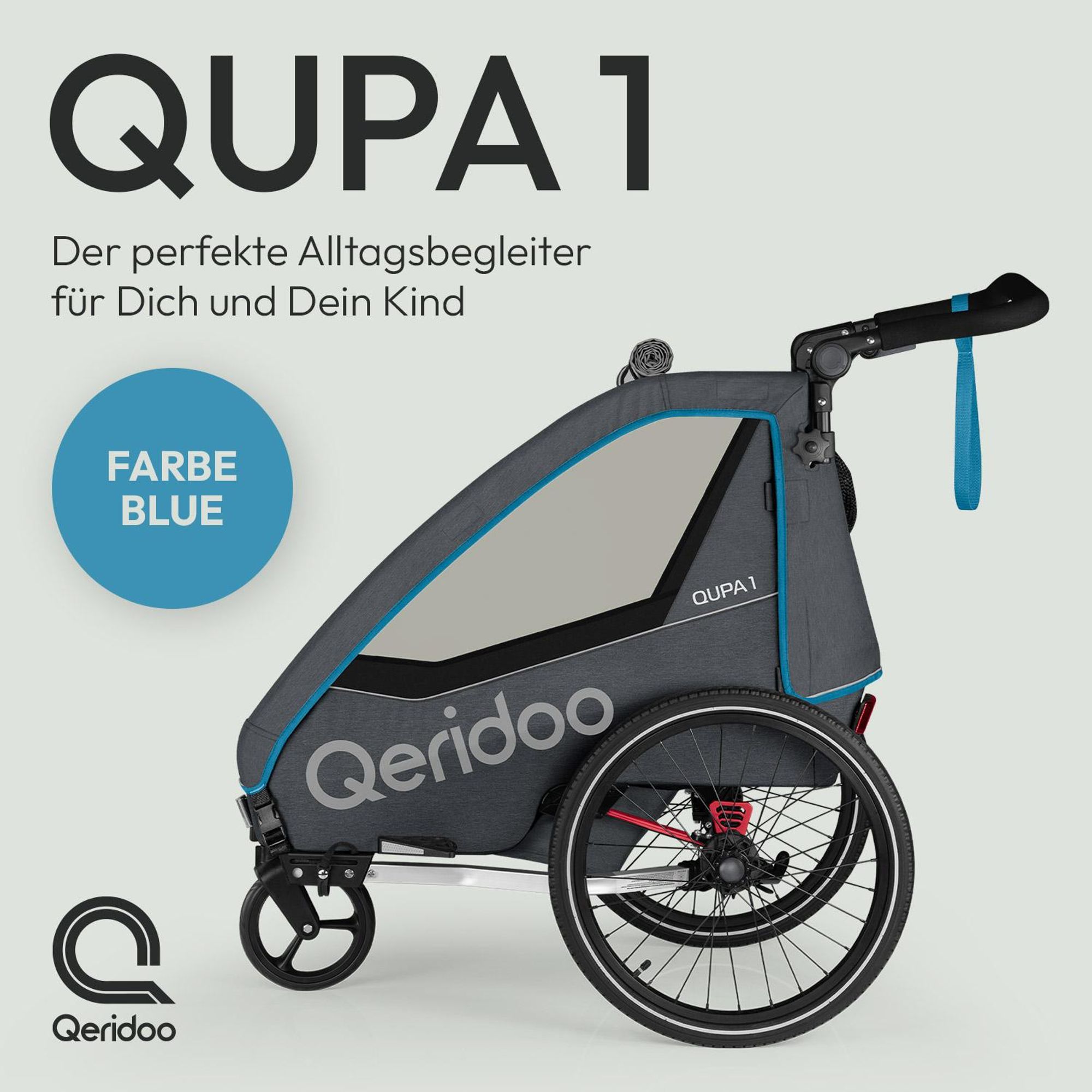 Qeridoo QUPA 1 - Kinderfahrradanhänger für 1 Kind, Farbe: Blue