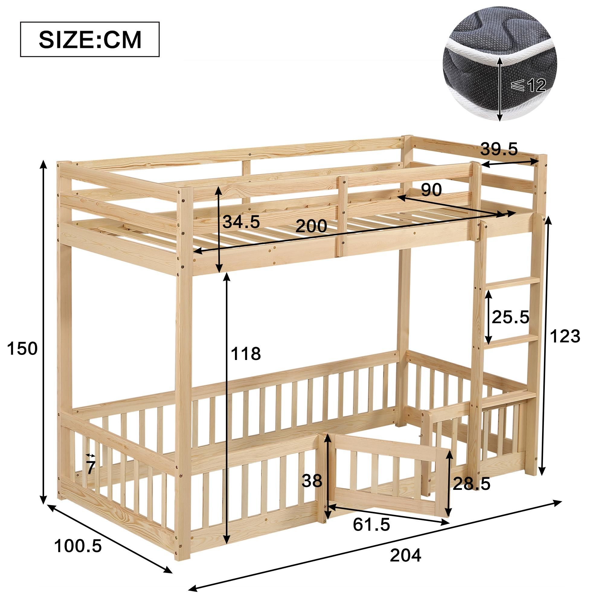 Flieks Kinderbett Etagenbett 90*200cm mit Rausfallschutz, Leiter und Tür, Spielbett für Kinder Hochbett
