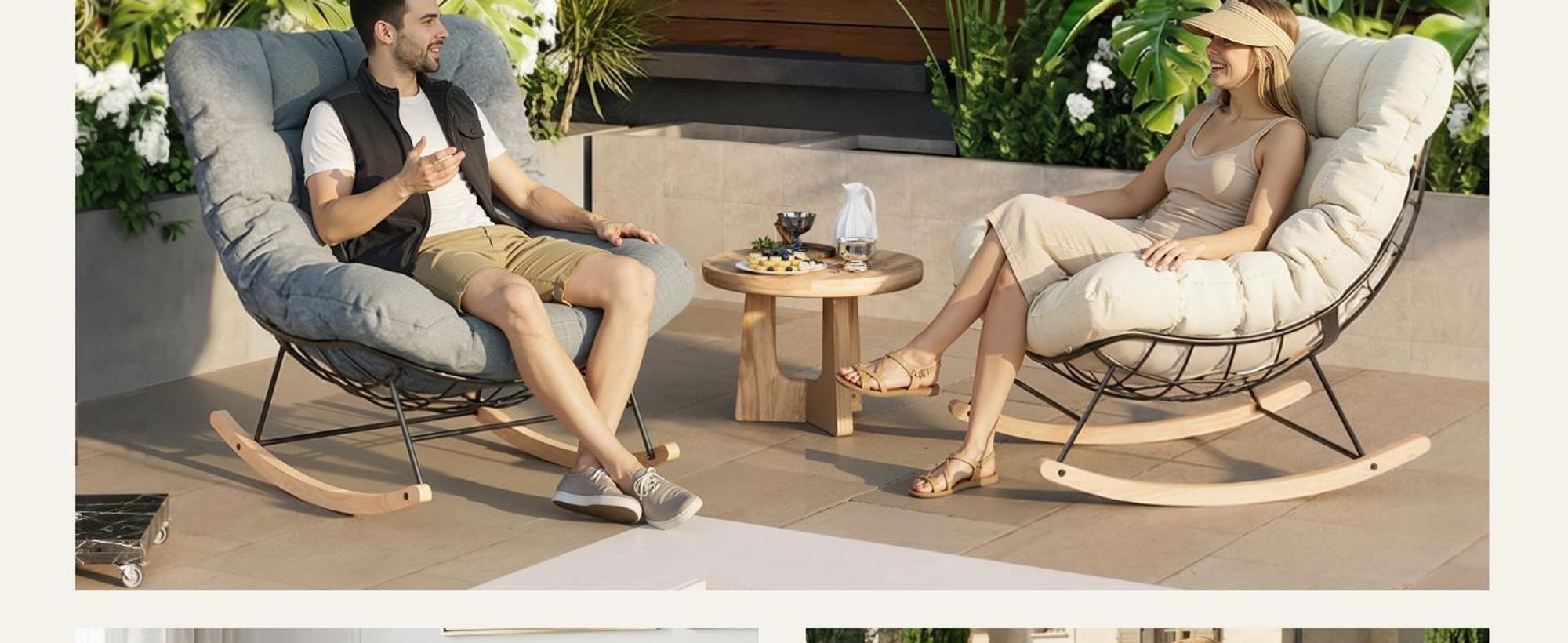 FLEXISPOT 2er Set Gartenstühle Schaukelsessel & Loungesessel mit Kissen, stabilem Metallrahmen, ideal für Balkon, Terrasse, Garten & Wohnzimmer, Beige