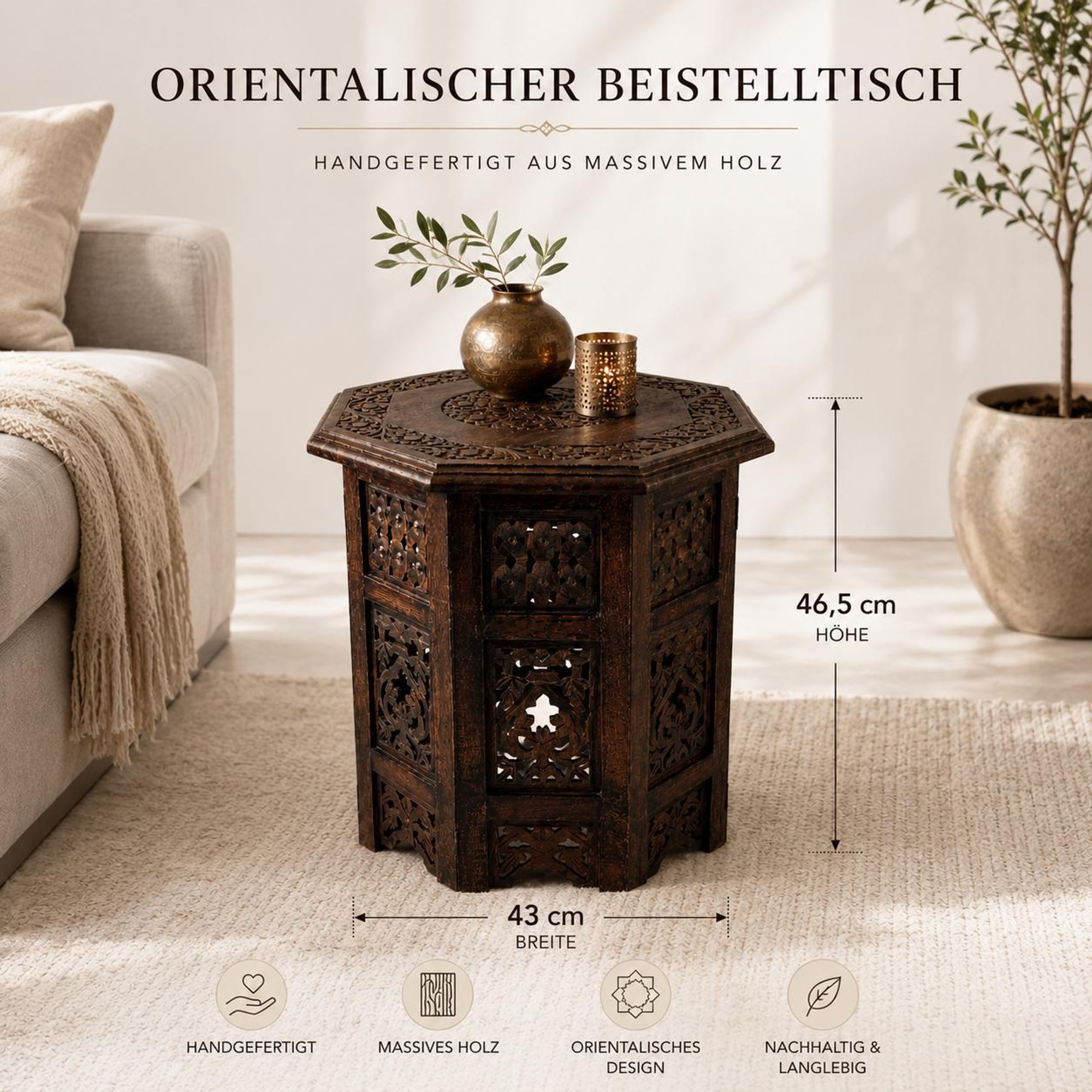 Orientalischer Beistelltisch Ø 42,5cm H 47cm aus Mango Massivholz braun handgeschnitzt | Handmade Couchtisch Vintage Sofatisch