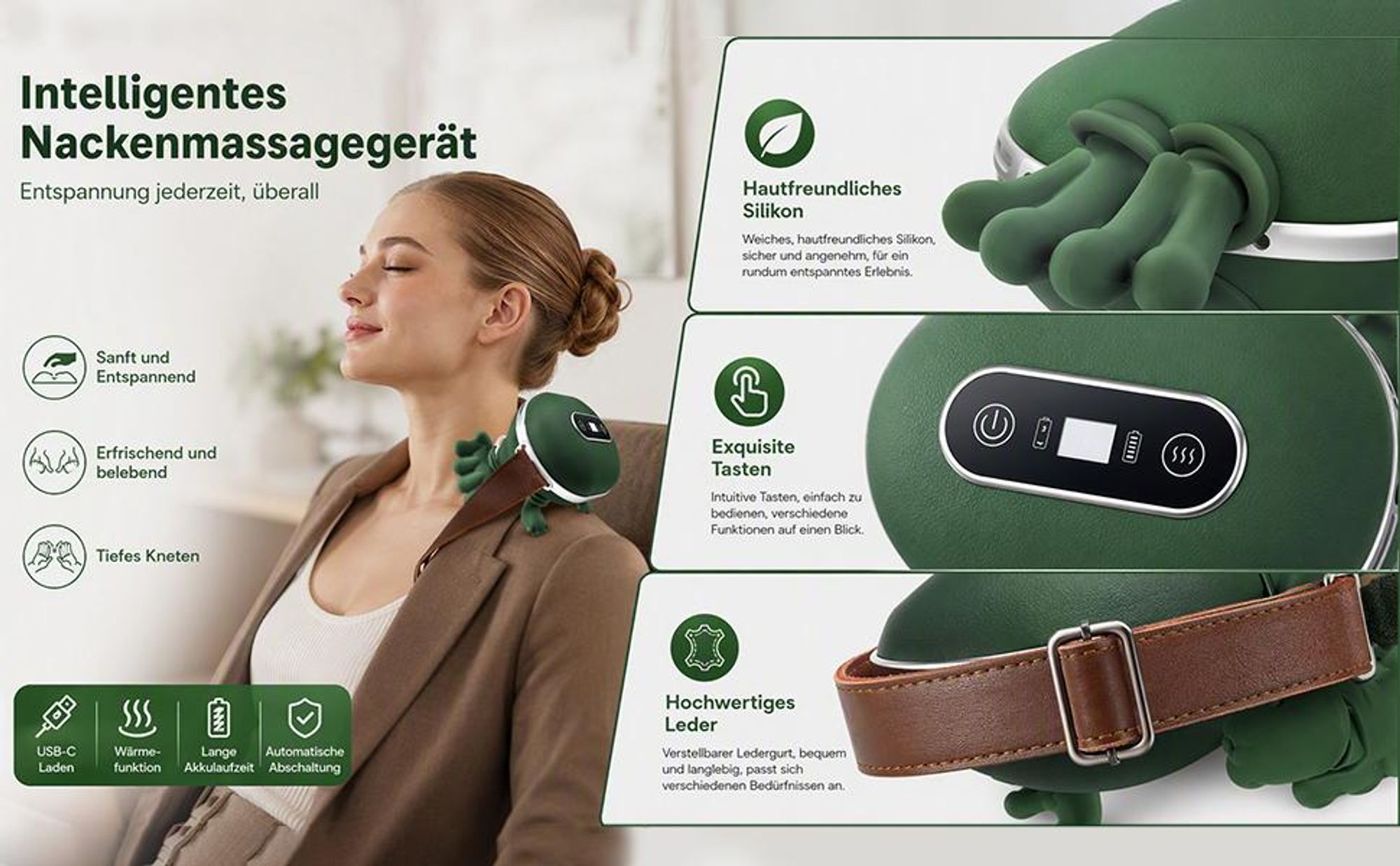 4D Nackenmassagegerät kabellos – mit Wärme (2 Stufen) & Touchscreen. Ergonomische Massage für Nacken & HWS. Ideal als Geschenk