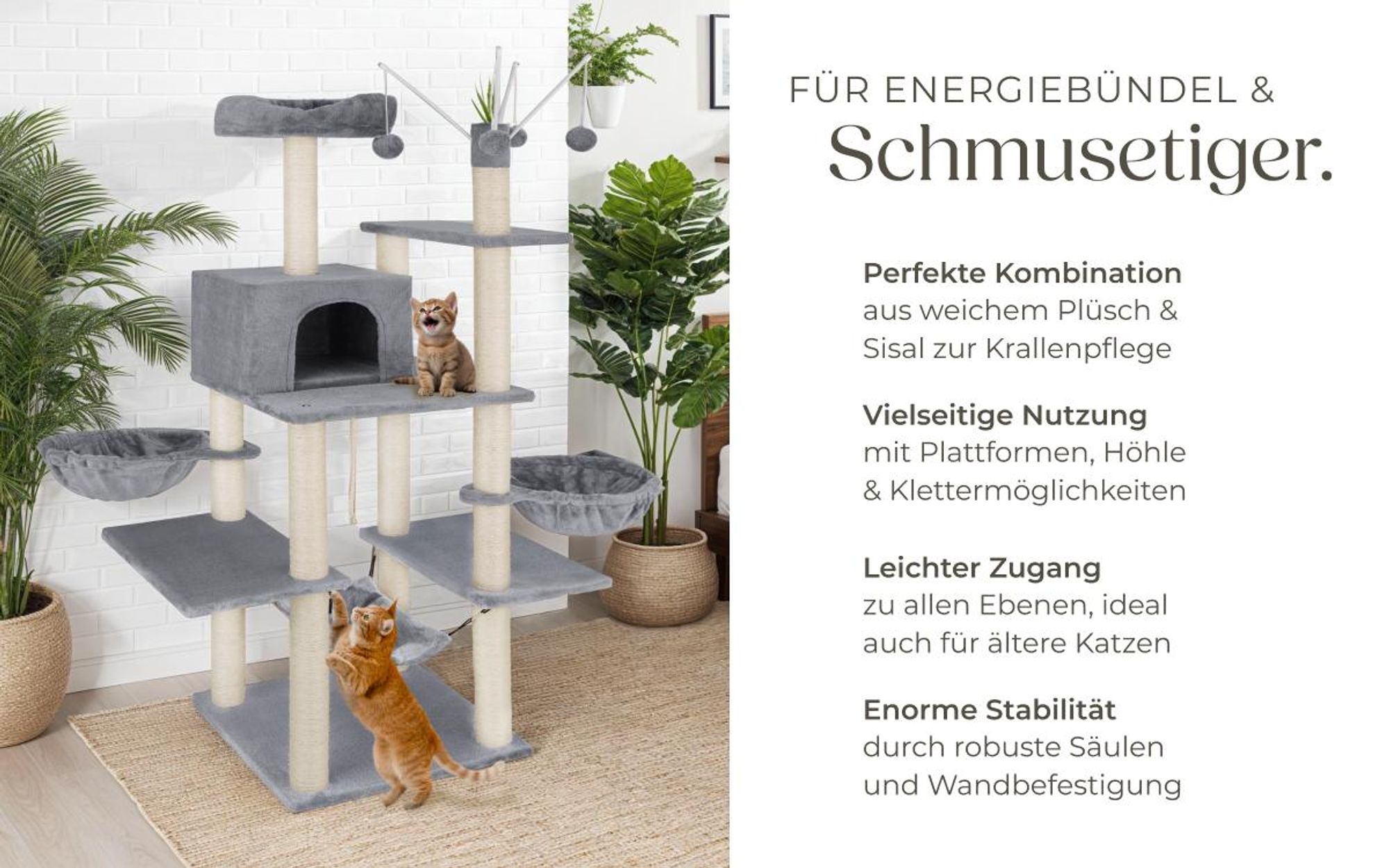 tectake® Kratzbaum Lilou 165 cm inklusive 4 Spielbällen, Kordel und Kippschutz
