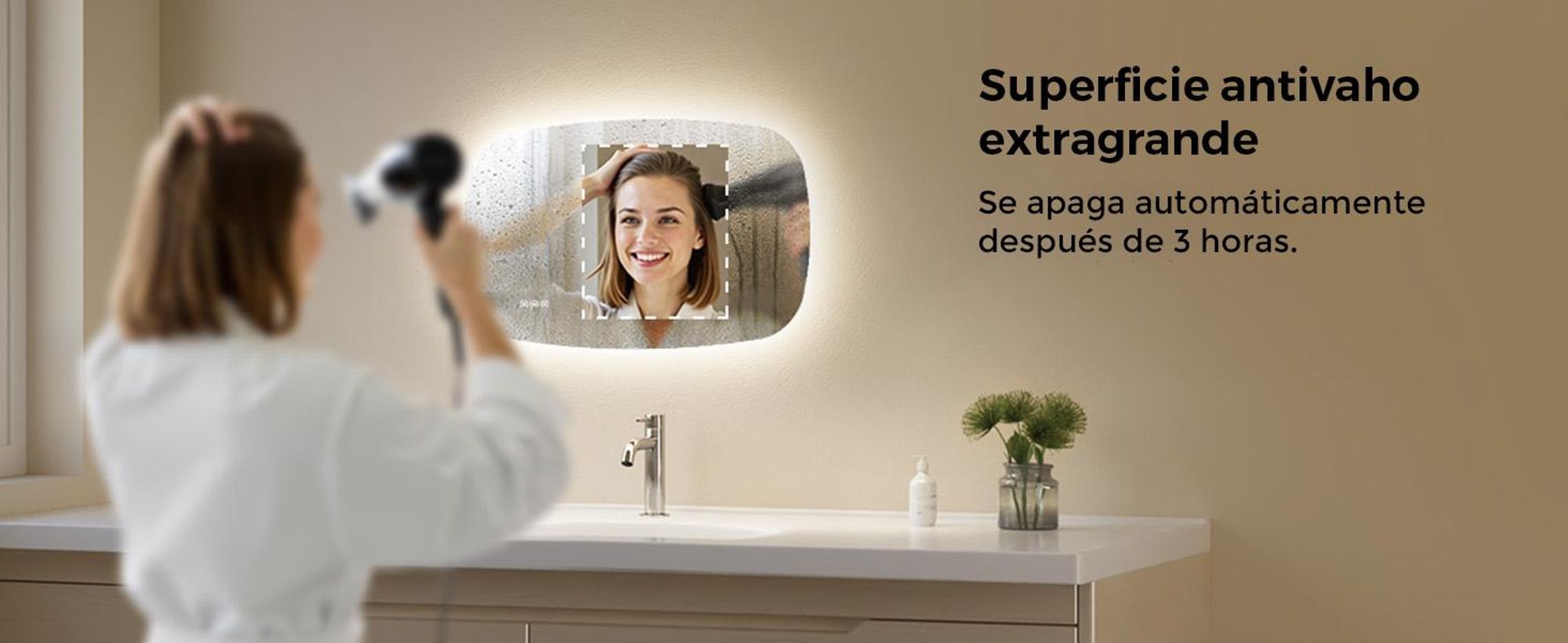 Espejo de baño S'AFIELINA, 80x50 cm. Espejo LED oval con interruptor táctil, regulable en intensidad, 3 colores de luz ajustables, antiniebla y con función de memoria