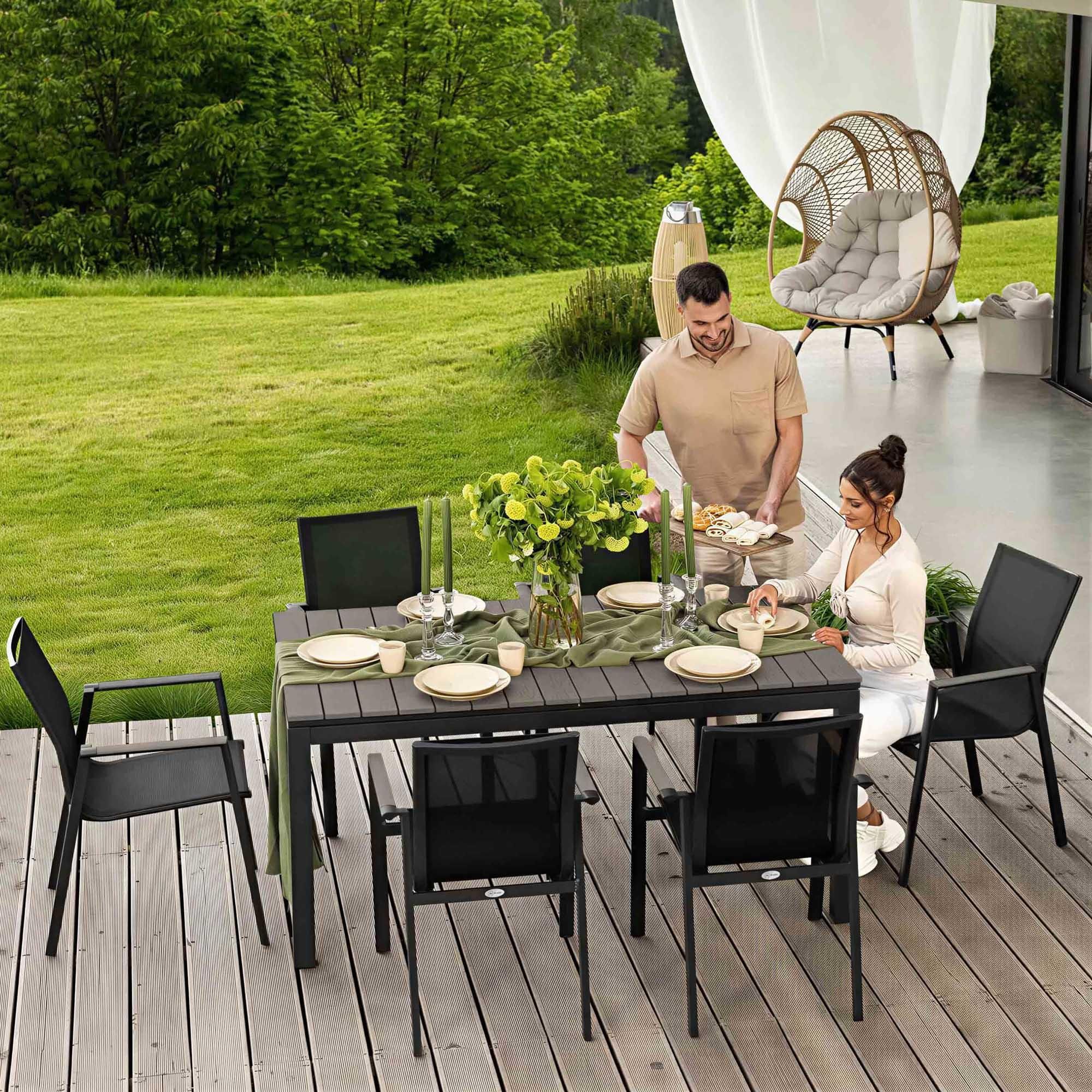 di volio Gartenmöbel MIRANNO, ausziehbarer Gartentisch mit 6 stapelbaren Stühlen - Set, langlebige Essgruppe für 6 Personen, robust & wetterfest
