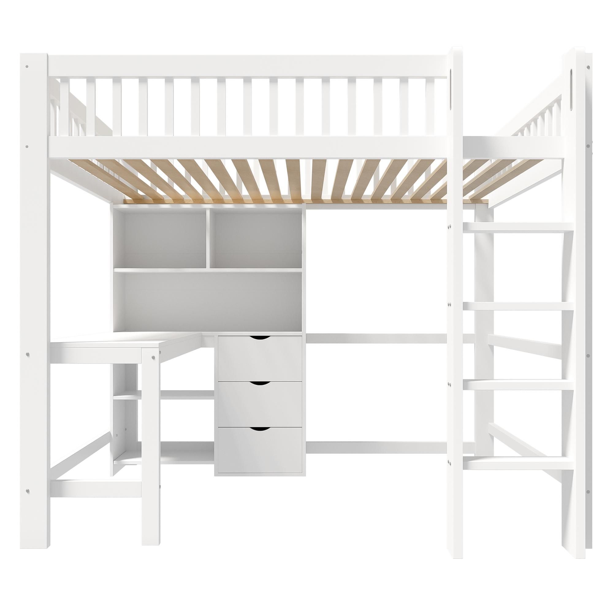 Flieks Etagenbett 140x200cm mit Schreibtisch und Regal, Kinderbett Hochbett mit Lattenrost, Stockbett Doppelbett mit Leiter, Weiß