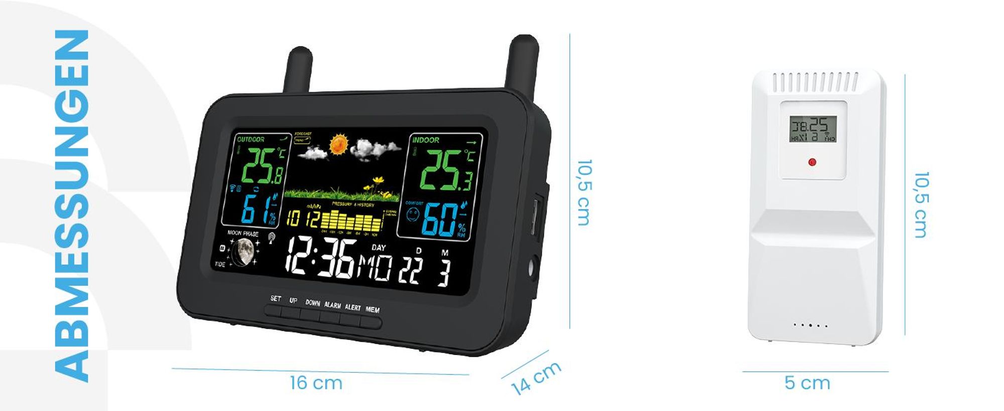 MalTec Funk-Wetterstation Thermometer Barometer Drahtlose externer Wettersensor Druck Alarm