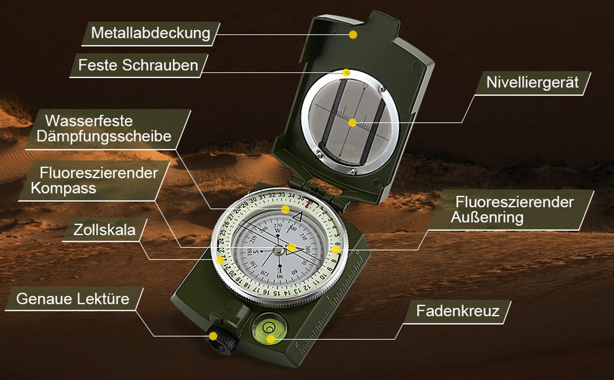 Militär Marschkompass, Professioneller Taschenkompass Peilkompass Kompass Compass mit Tragschlaufe für Jagd Wandern und Aktivitäten Camping