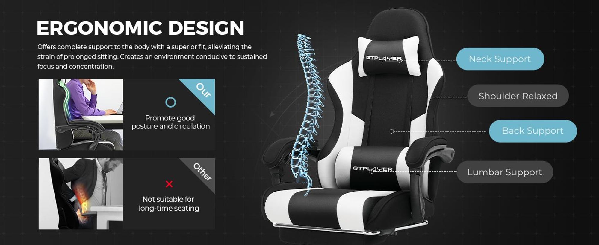 GTPLAYER sedia da ufficio sedia da gioco in tessuto poltrona da gioco Sedia da gioco ergonomica con poggiapiedi, poggiatesta cuscino lombare, sedia da gioco imbottita, bianco
