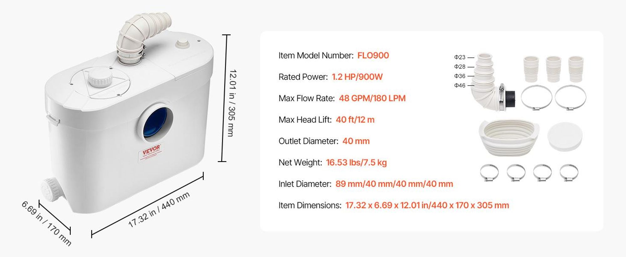 VEVOR Zerkleinerungspumpe, 700W, 9600 L/h Durchfluss, 10 m Förderhöhe, Zerkleinerung Abwasser Hebepumpe mit 3 Wasseranschlüssen für Toilette, Keller, Küche, Spüle, Dusche, Badewannen Abwasserentsorgung Hebemaschine, Bodenstehende Toilette-b, 900W