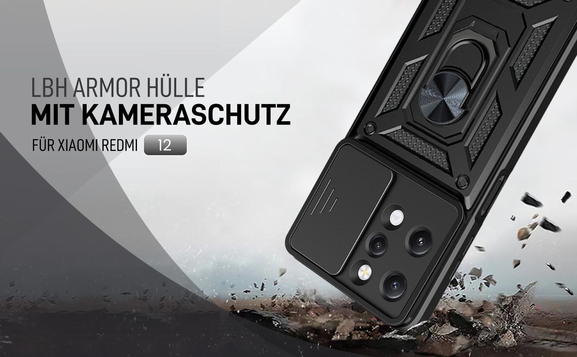 Schwarze Outdoorhülle mit Kameraschutz für Xiaomi Redmi 12