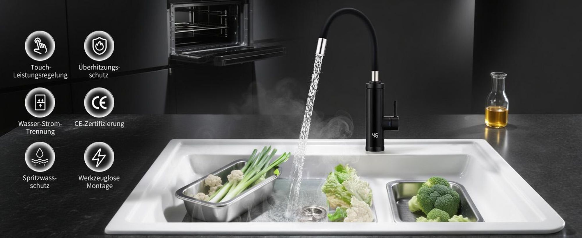HOMELODY Elektrischer Wasserhahn mit Durchlauferhitzer 3300W, Armatur Küche 304 Edelstahl mit 360° Flexibler Schlauch LED Temperaturanzeige Schwarz
