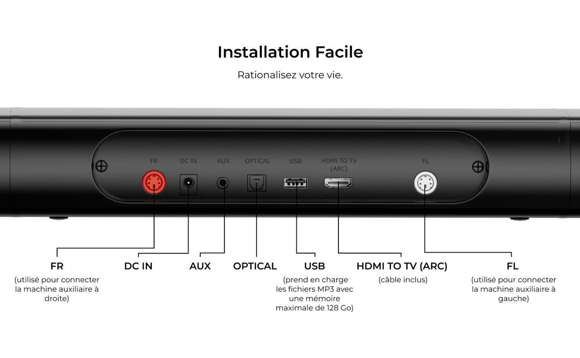 Barre de son amovible ULTIMEA 7.1ch avec lumière RGB, Virtual Surround Sound System avec subwoofer, 2 haut-parleurs surround, 410W