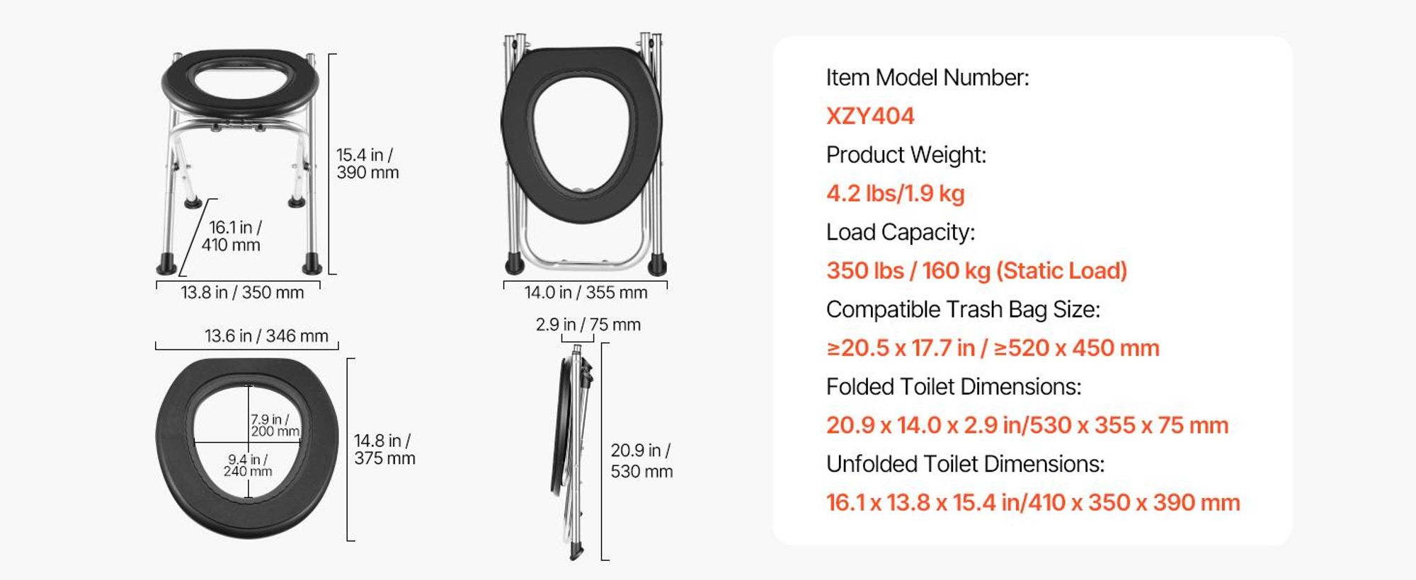 VEVOR Tragbare Toilette für Camping, 159 kg Tragfähigkeit, Edelstahl Klapp-Camping-Toilette mit weichem Sitz für Erwachsene, geeignet für Lkw-Fahrer, Wohnmobilreisen, Camping, Roadtrips, Außennutzung