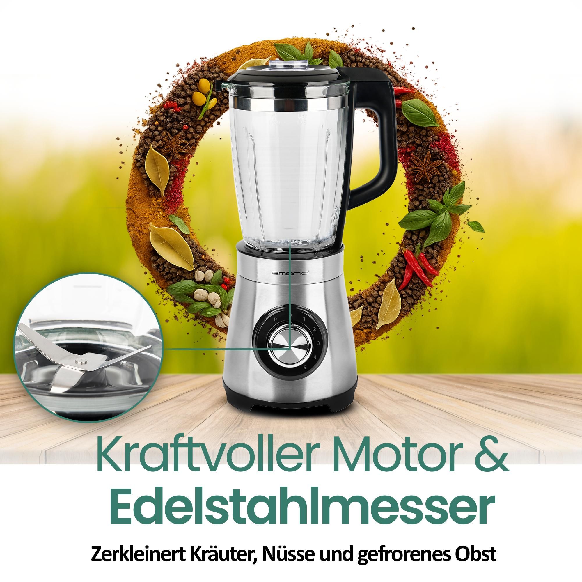 Emerio Blender 1,75 l – 1000W Smoothie-Maker mit 5 Geschwindigkeitsstufen und Glaskanne – Edelstahlmesser, spülmaschinengeeignet – BL-126794