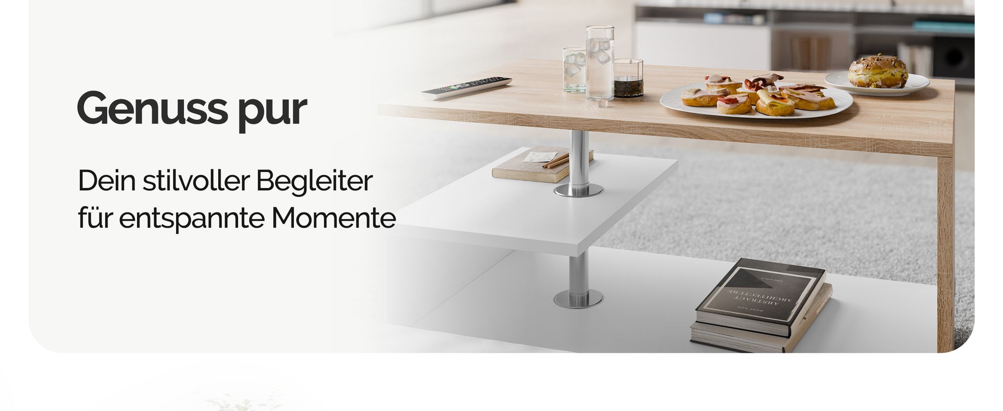 CASARIA® Couchtisch Weiß Eiche Holz mit Stauraum 95x55cm Edelstahl Füße Höhenverstellbar Ablage Modern Rechteckig Beistelltisch Wohnzimmer Tisch Couch