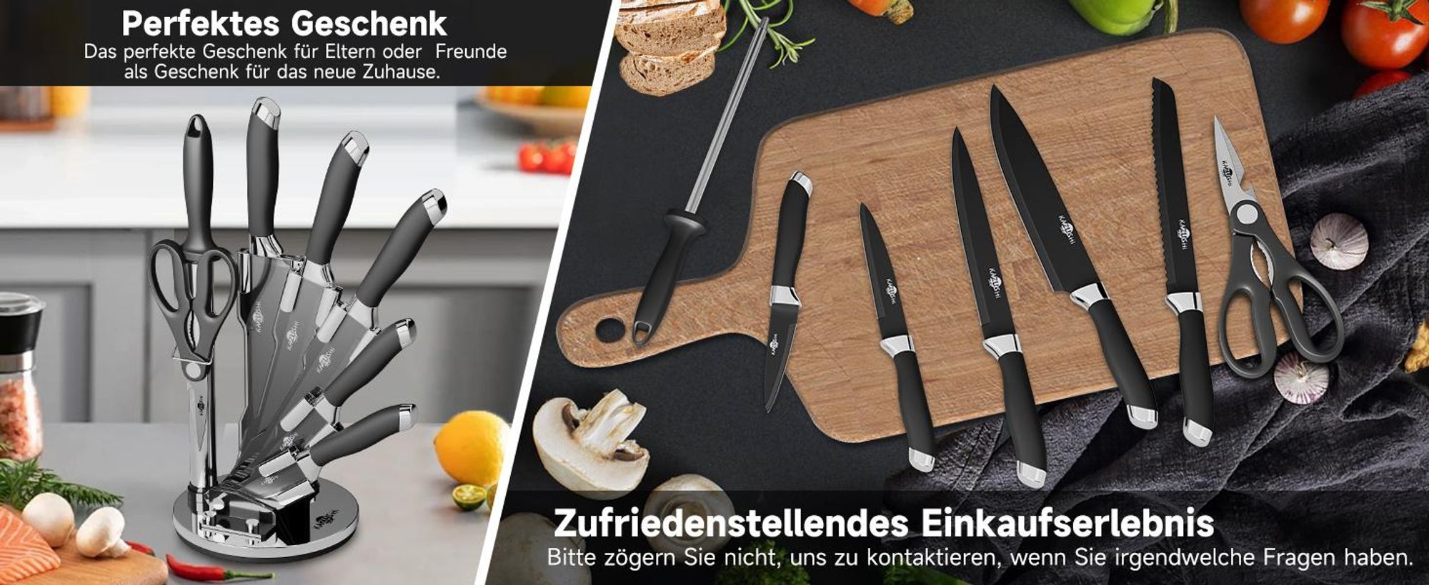 KAZUSHI 8-tlg Messerset mit Drehbare Messerblock, Profi Scharfe Messer Set mit Block, Edelstahl Küchenmesser - Schwarz (KA-KN81)