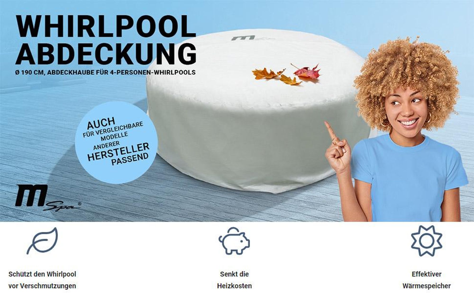 Mspa Whirlpool Abdeckung | 190x70cm - Abdeckhaube für 4 Personen Pool - Cover - Schutzhülle - Abdeckplane - Robust - Wärmespeicher - Nylon (Weiß)
