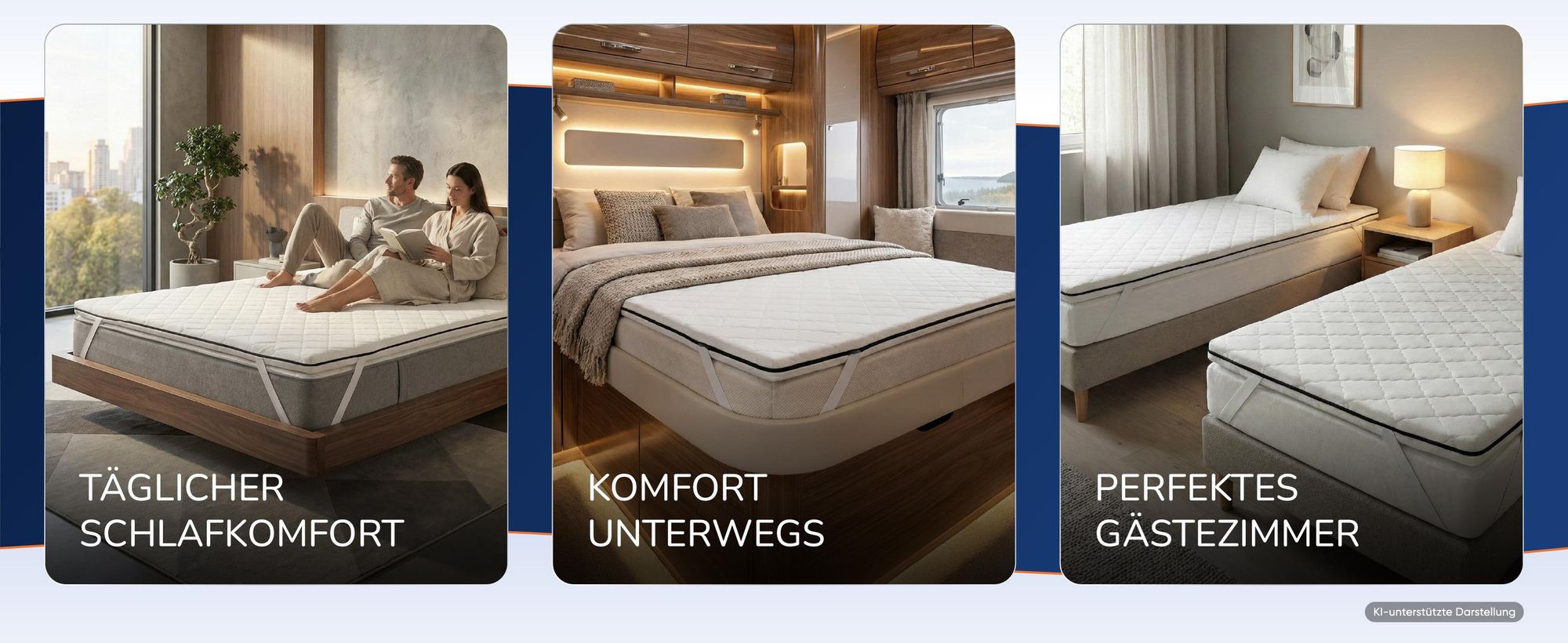 Drei Karten mit Anwendungen: Schlafkomfort, unterwegs, Gaestezimmer