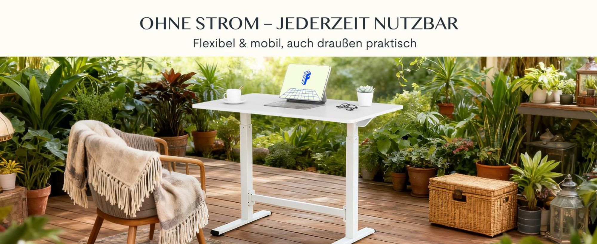 FLEXISPOT Gasfeder Höhenverstellbarer Schreibtisch 100×60 cm – stufenlos manuell verstellbar, Steh-Sitz-Tisch ohne Strom, mobil mit Rollen (Weiß)