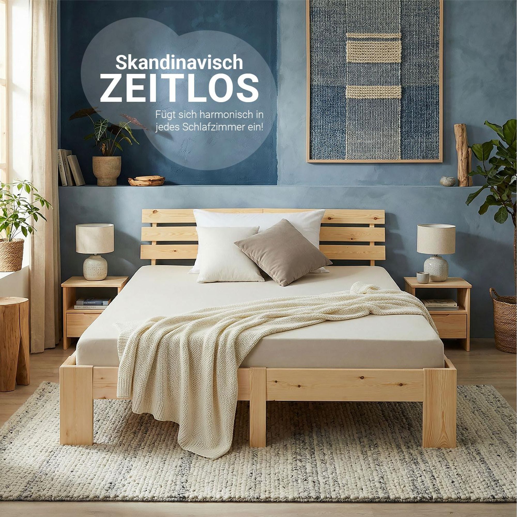 Das Doppelbett wird frontal gezeigt. Die Kissen und Decke sind in beige gehalten.