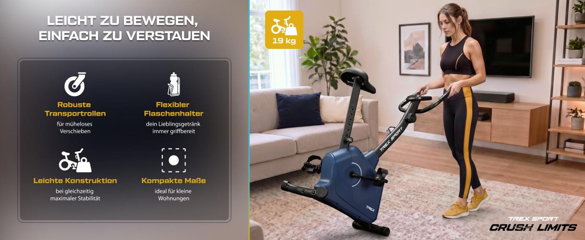 TREX SPORT Heimtrainer Fahrrad für Zuhause TX-380MB RIGON | Magnetisches Fitnessbike, leise | LCD Display, Pulsmesser, 8 Stufen, bis 120kg| Marineblau