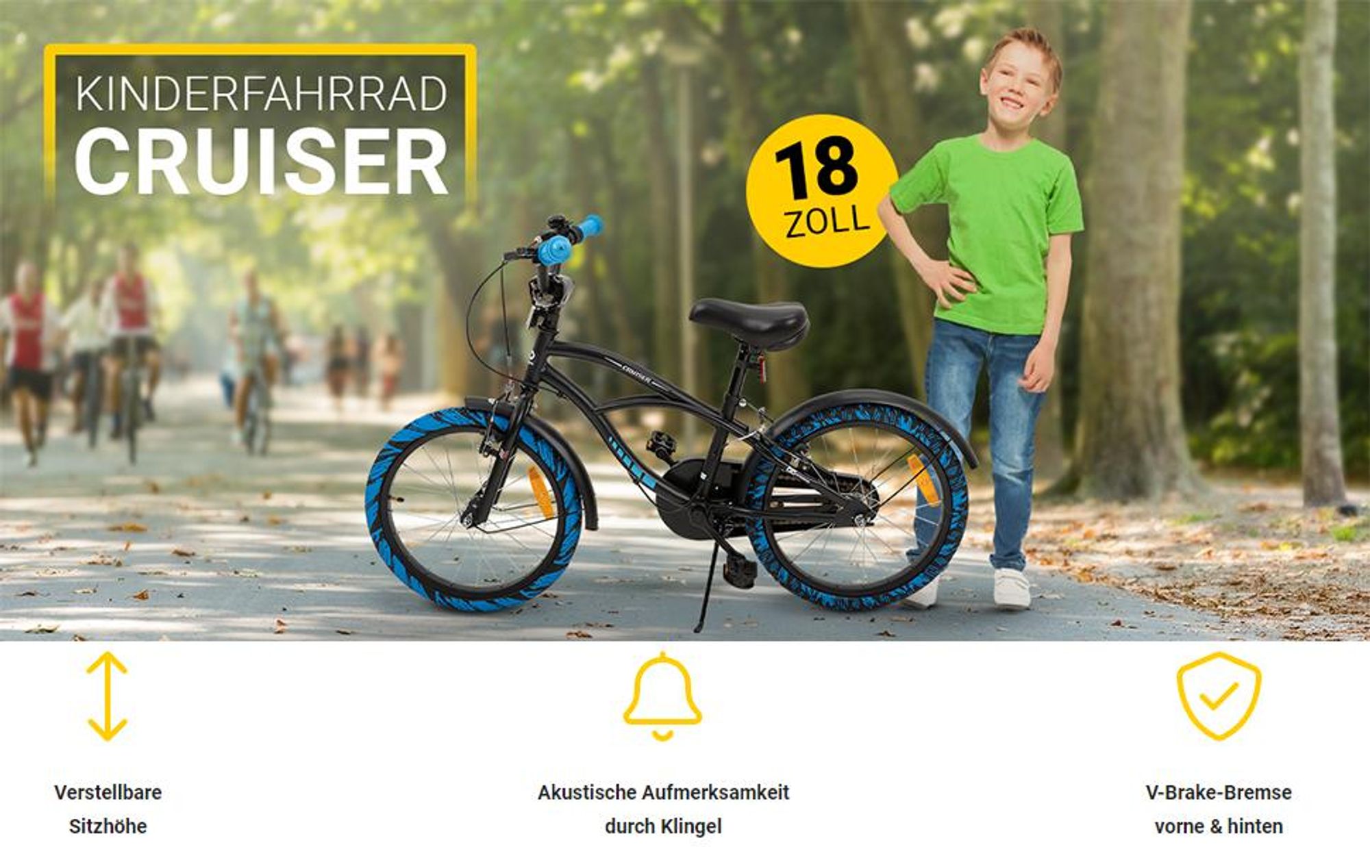 Actionbikes Kinderfahrrad Cruiser 18 Zoll | Kinder Jugend Fahrrad - V-Brake Bremsen - Kettenschutz - Seitenständer - 5-8 Jahre (Schwarz/Blau)