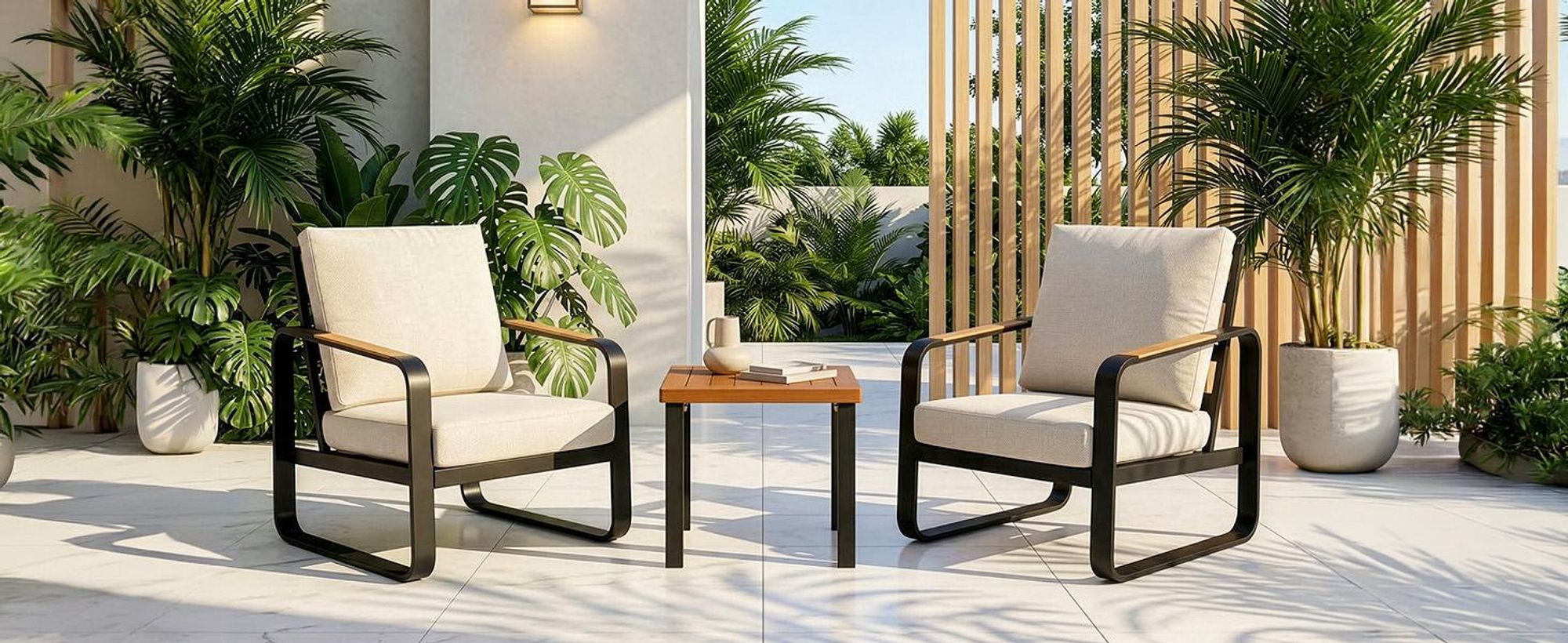 Tribesigns 3-teiliges Terrassenmöbel-Set mit 2 Sesseln und 1 Beistelltisch, schwarzer Metallrahmen mit 15 cm dicken Kissen, modernes Sitzgarnitur für
