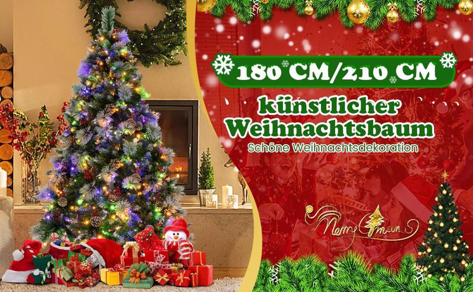 COSTWAY 210cm Künstlicher Weihnachtsbaum LED, beleuchteter Tannenbaum mit Kiefernzapfen & roten Beeren & Metallständer, 11 Lichtmodi, Christbaum PVC Kunstbaum Weihnachten, grün