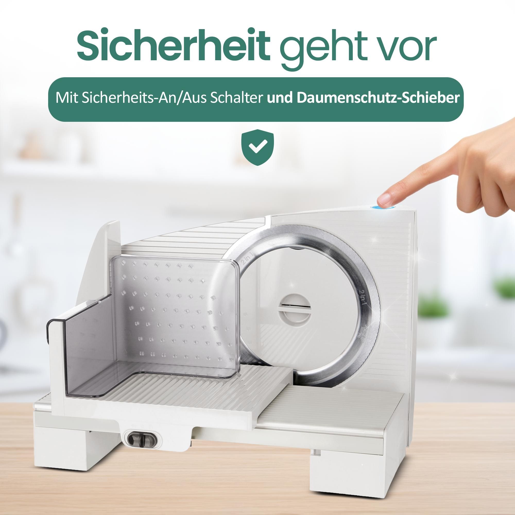 Emerio Multifunktionale Schneidemaschine MS-125001 – 110W – Schnittstärke einstellbar 0–15 mm – Solinger Edelstahlmesser - Allesschneider - Weiß