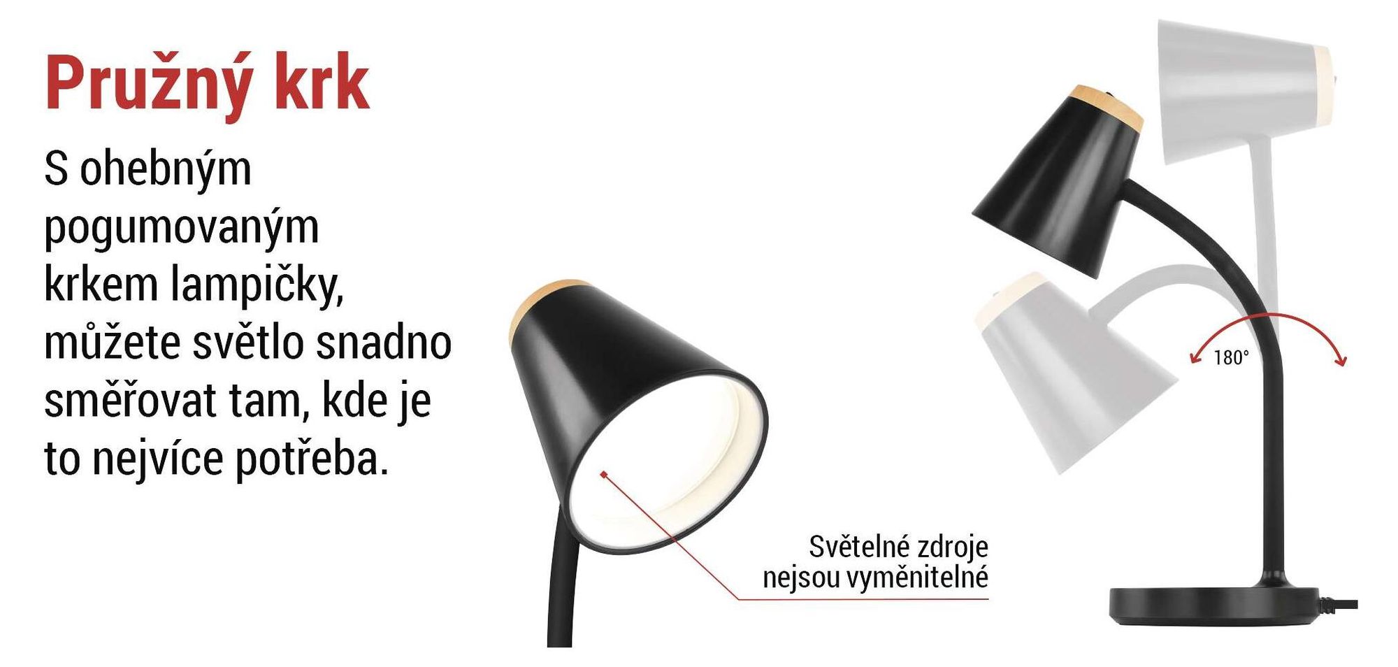 EMOS LED stolní lampa TARA 4,5 W, 280 lm, neutrální bílá 4000K, flexibilní s kabelem 1,6 m, Euro zástrčka, CRI>85, doba svícení 30000h, černá, Z7641B