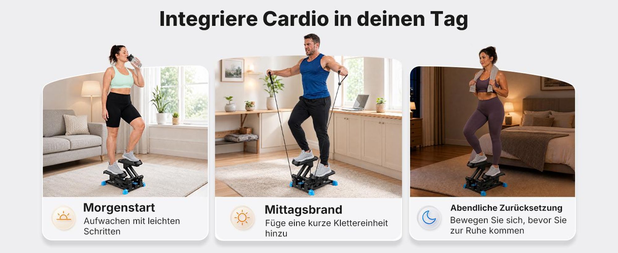 MERACH 3-in-1 Mini Stepper mit LCD-Display und Widerstandsbändern – großer 155-mm-Schritt, leise Stoßdämpfung, Ganzkörpertrainer bis 150 kg, schwarz