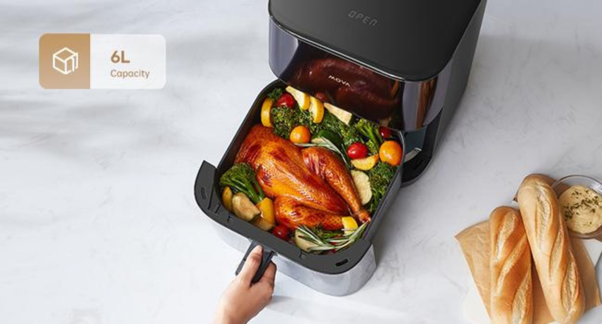 MOVA AeroChef FD10 Pro Heißluftfritteuse, 6L große ölfreie Fritteuse mit Warmluftzirkulation, schnelles knuspriges Garen, Innenraum aus Metall