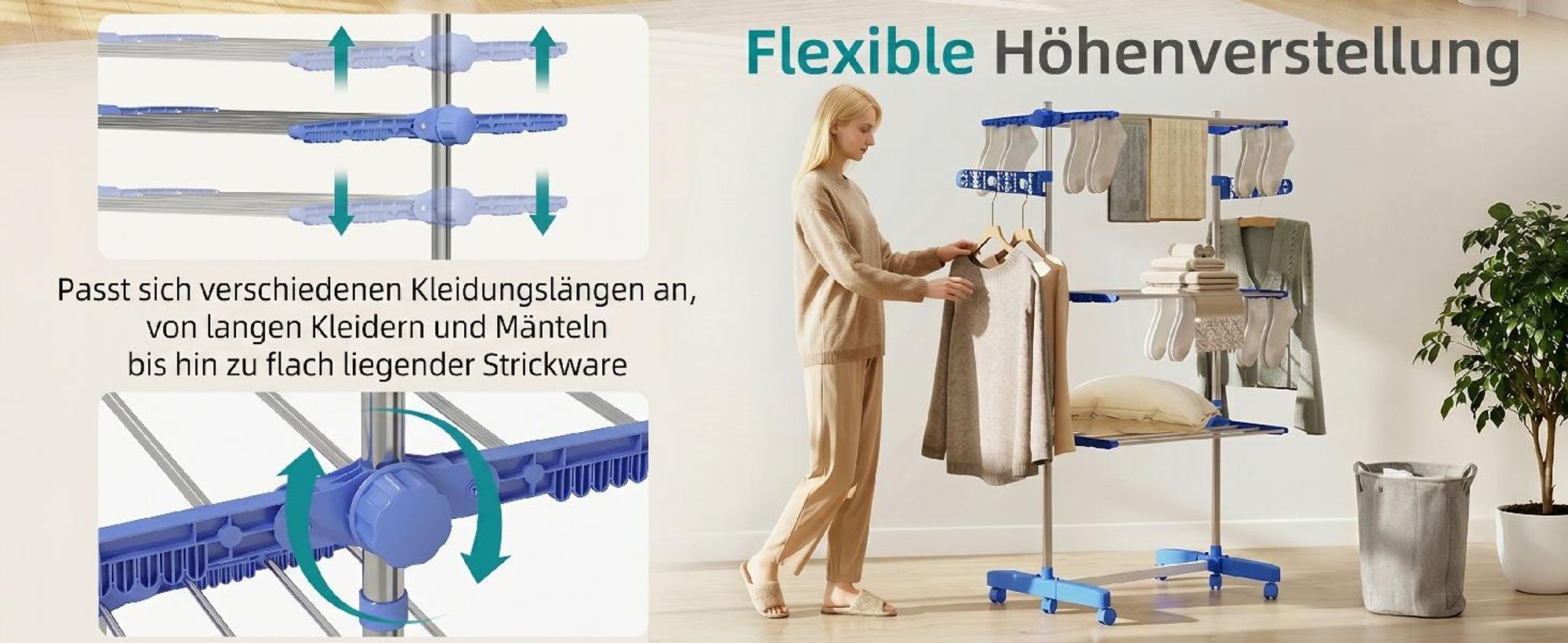 Mobiler Wäscheständer Wäschetrockner-Turm Seitenflügel auf 3/4 Ebenen Blau